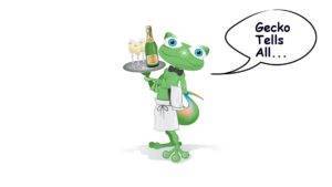 Gecko waiter with champaigne and talking bubble for blog series